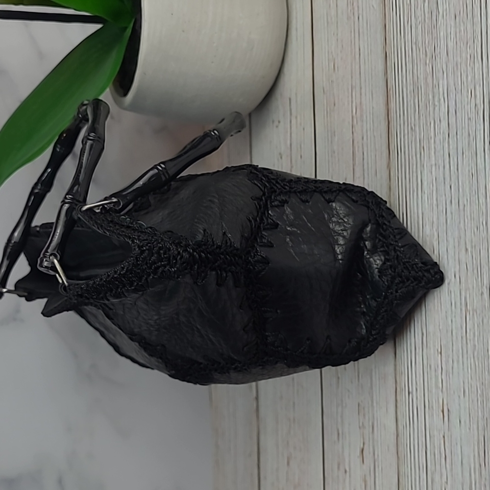 BLACK LEATHER & CROCHET PATCHWORK SMALL HANDBAG - Picture 3 of 10
